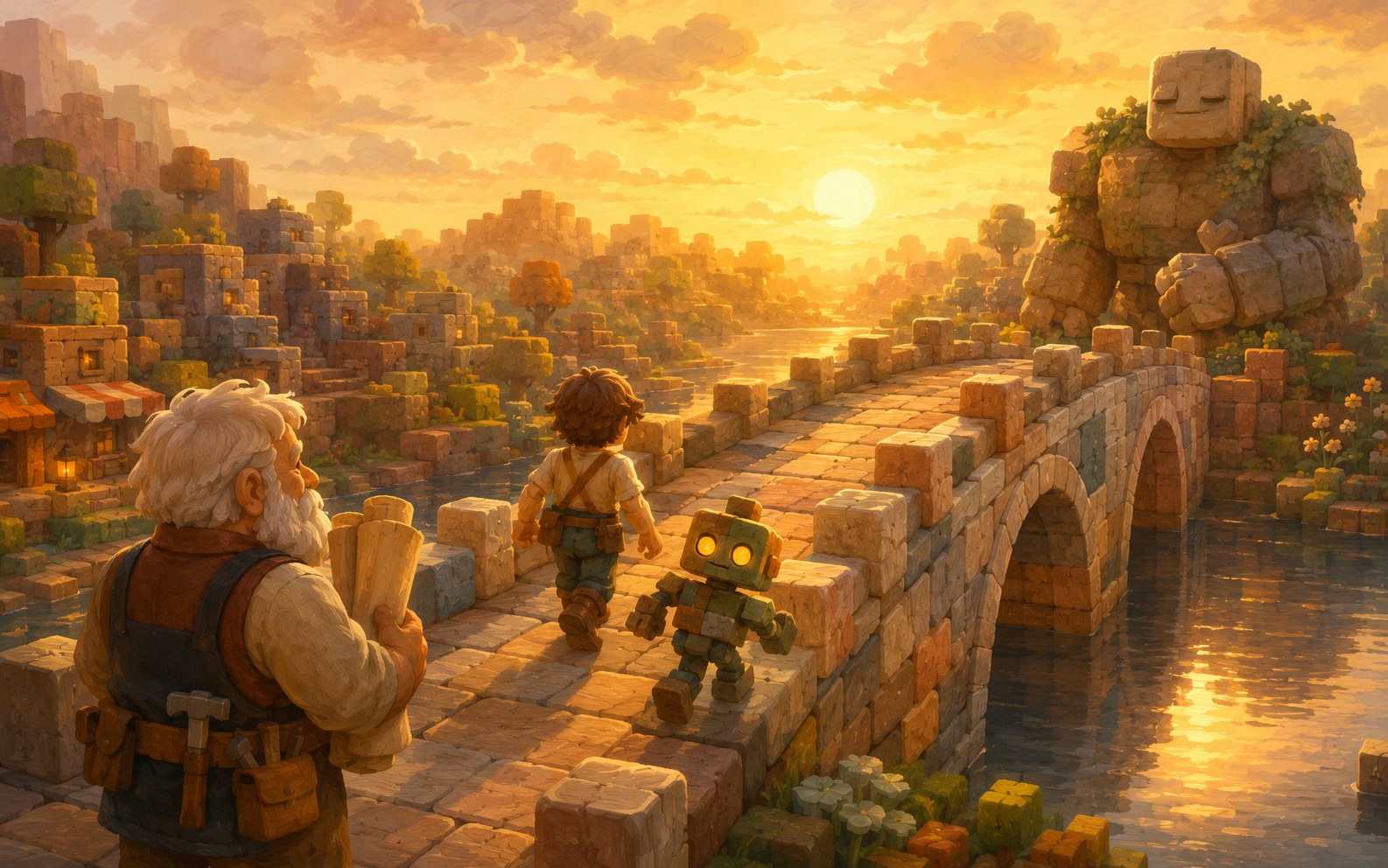 Blockfall: the rebuilt blocky bridge at golden evening