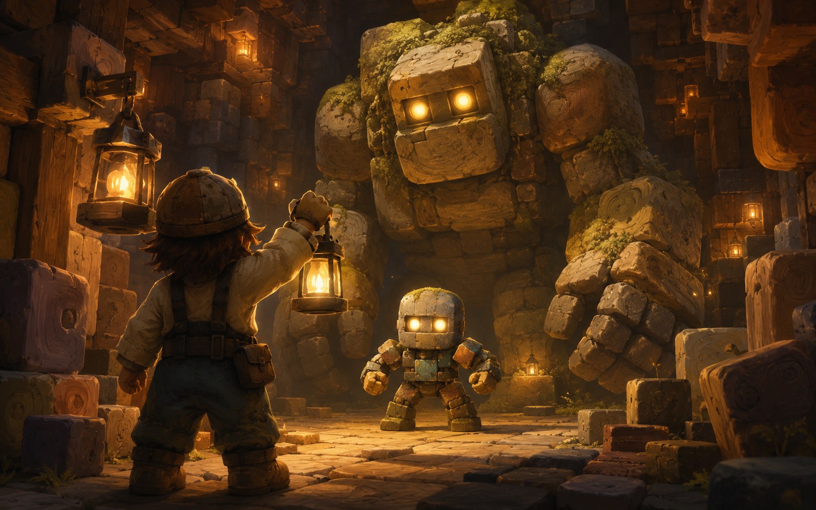 Blockfall: a brave little block-golem stands before a giant gentle one