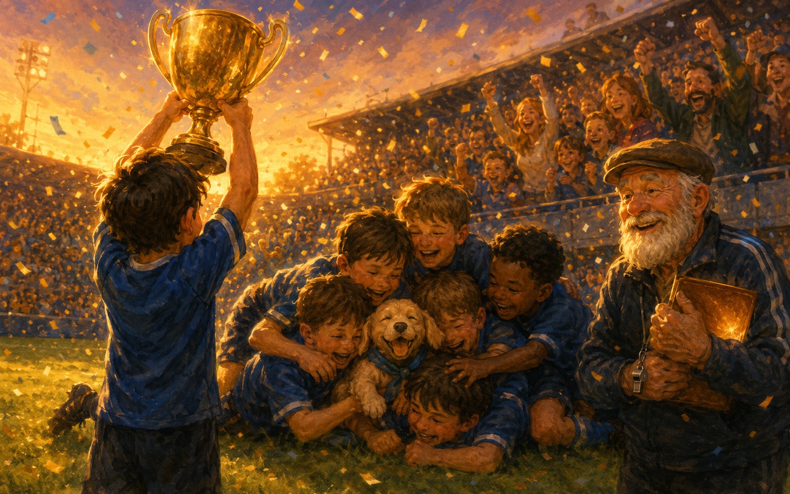 Champions: lifting the cup at the final, team pile-up